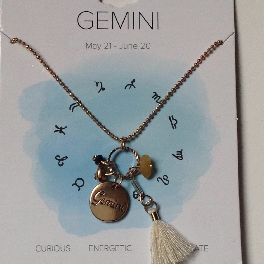 Gemini Zodiac gold tone necklace, attached charms